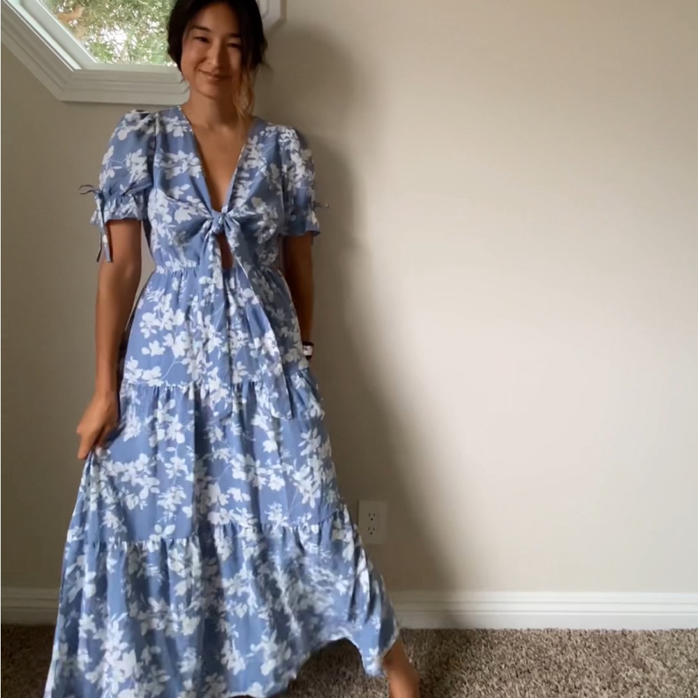 Blue floral front tie dress